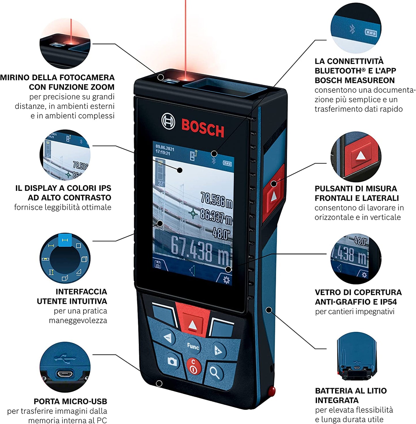 Bosch Professional Distanziometro laser GLM 150-27 C (telecamera integrata, batteria integrata 3,6 V, raggio azione: fino a 150 m, robusto, IP54, ± 1,5 mm*, batterie AA, cinturino da polso, custodia)