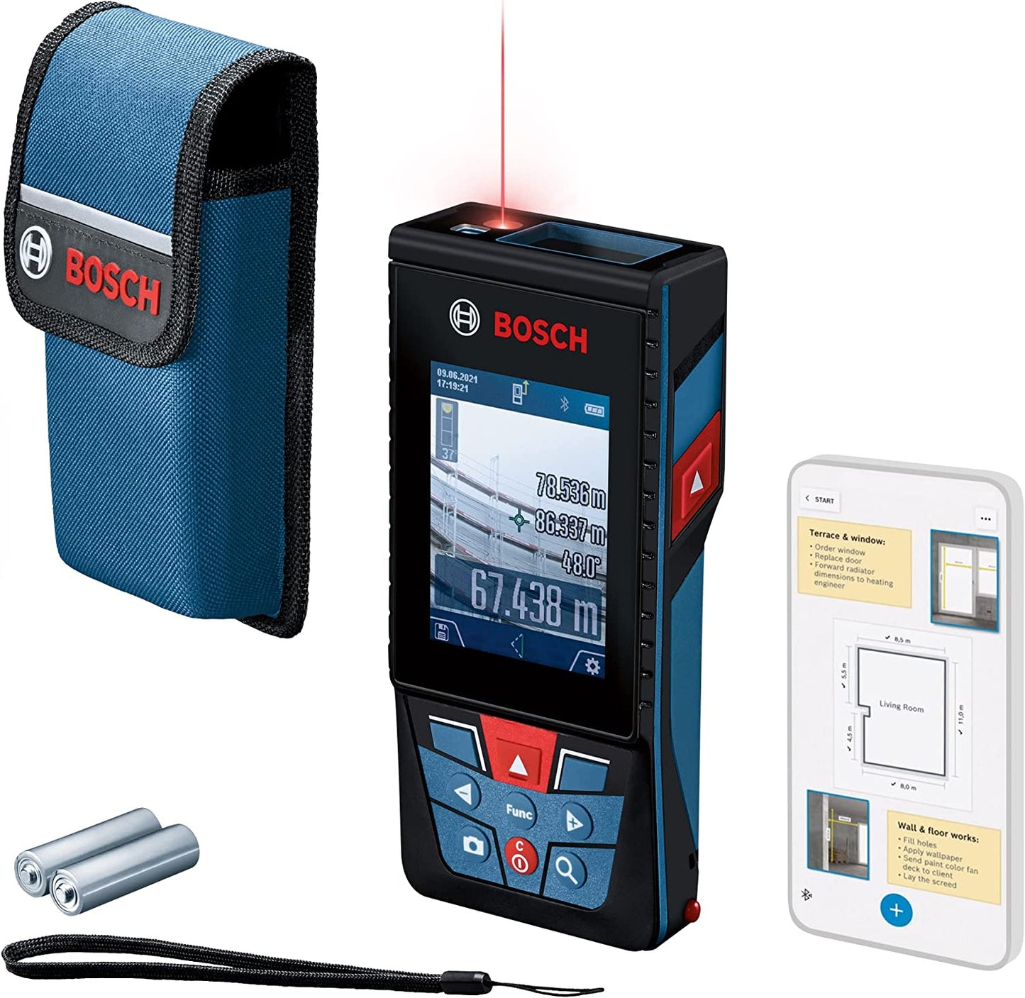 Bosch Professional Distanziometro laser GLM 150-27 C (telecamera integrata, batteria integrata 3,6 V, raggio azione: fino a 150 m, robusto, IP54, ± 1,5 mm*, batterie AA, cinturino da polso, custodia)